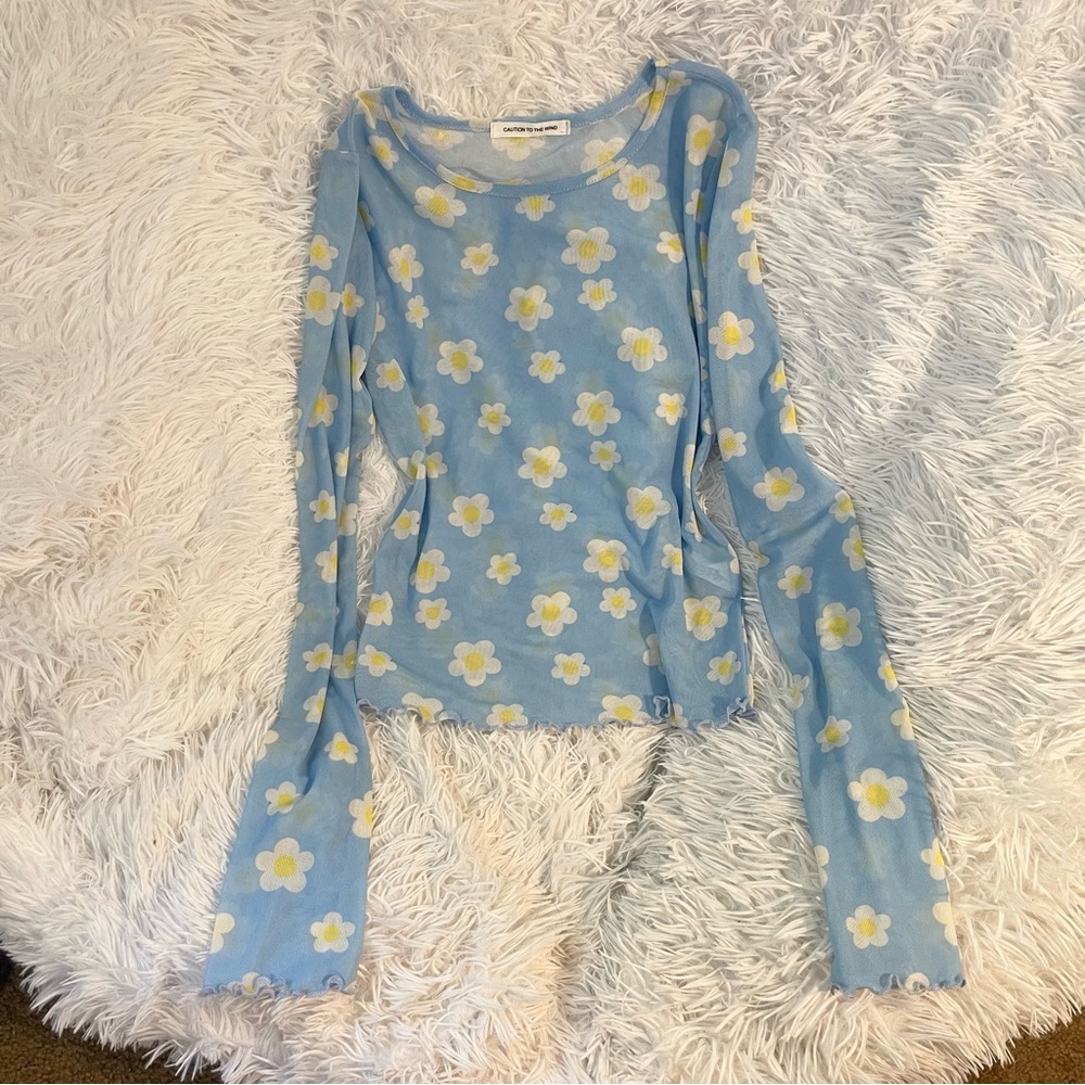 Caution To The Wind Light Blue Mesh daisies Floral Y2K spring Long Sleeve Top